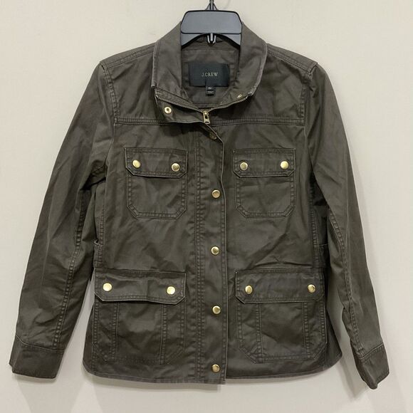 J. Crew Downtown Field Jacket Sz Med Petite Waxed Cotton Mossy Brown - Picture 2 of 8